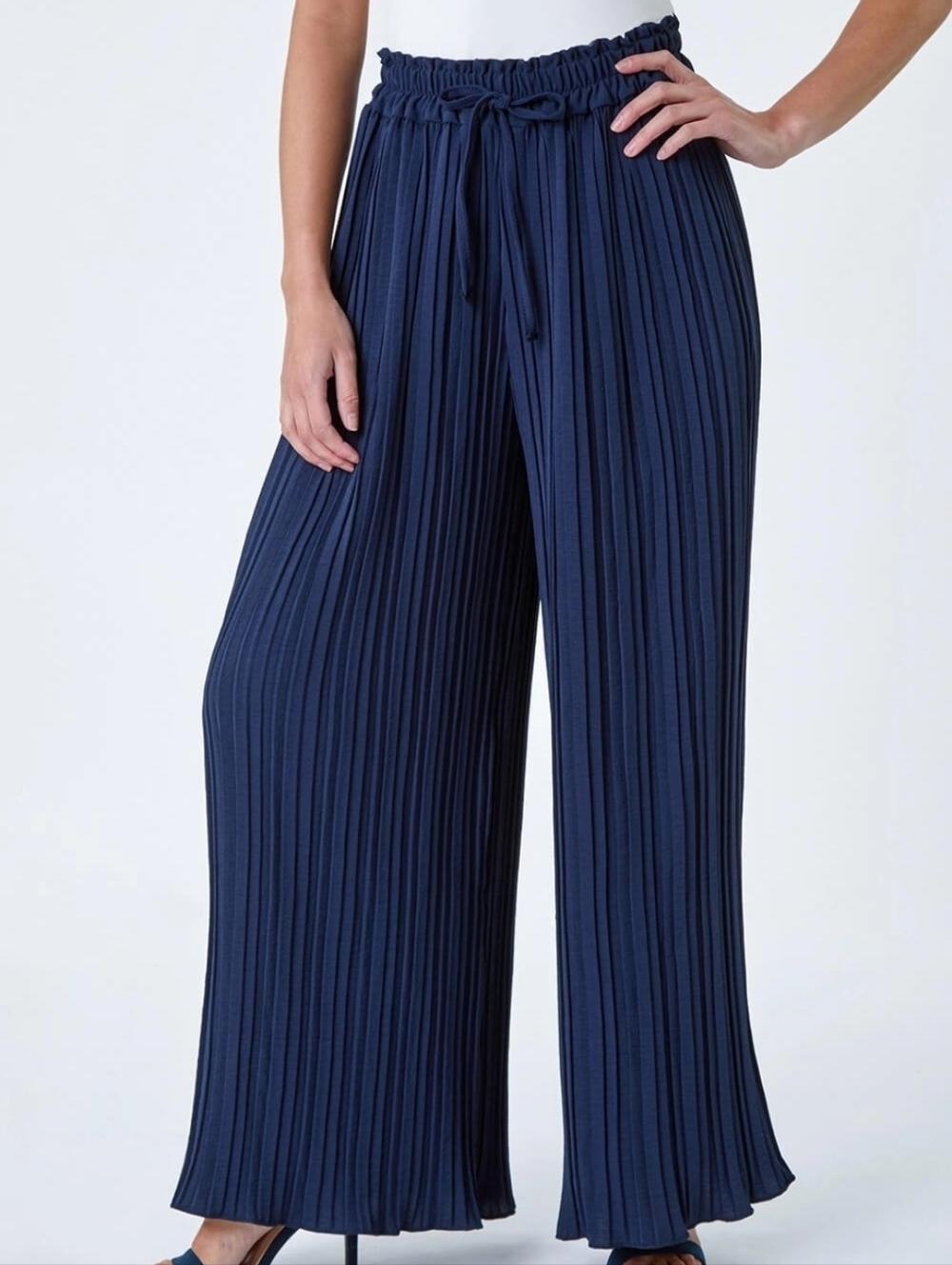Navy Wide Leg Pleated Knit Pants